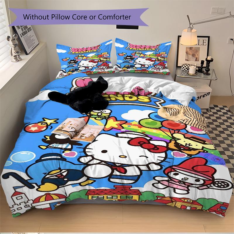 3pcs Lively Hello Kitty Friends Pattern Bedding Three-Piece Set (1 Cover + 2 Pillowcases, No Fillings), Soft and Comfortable W055