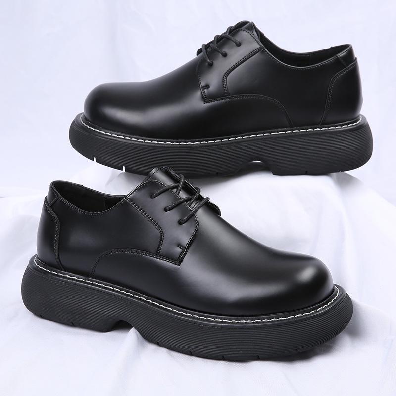 Derby shoes men's leather platform heightening autumn breathable casual leather shoes men's ins trendy black British big head shoes