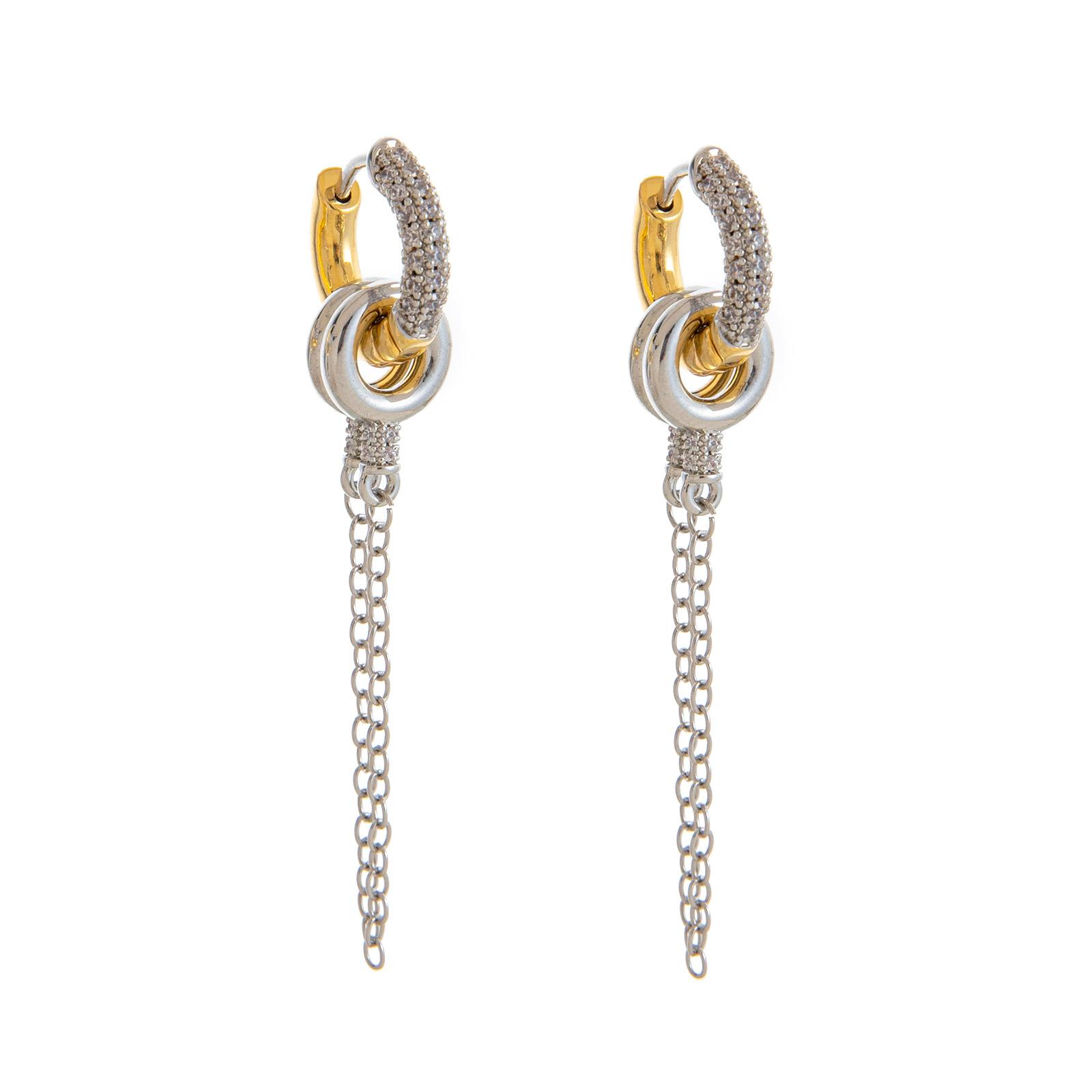 

Vintage Long Chain Double Ring Two-tone Hoop Earrings for Women Sparkling CZ Zircon Small Circle Chunky Ear Ring Unique Jewelry