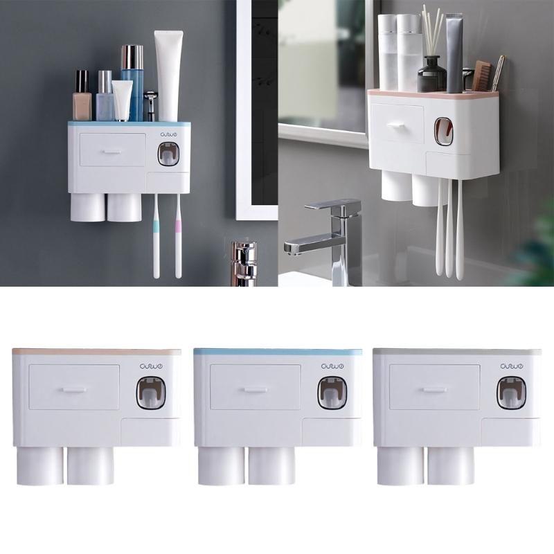 Wall Mounted Toothbrush Holder with Toothpaste Dispensers 2Pcs Toothbrush Holders Toothpaste Press Set for Bathroom