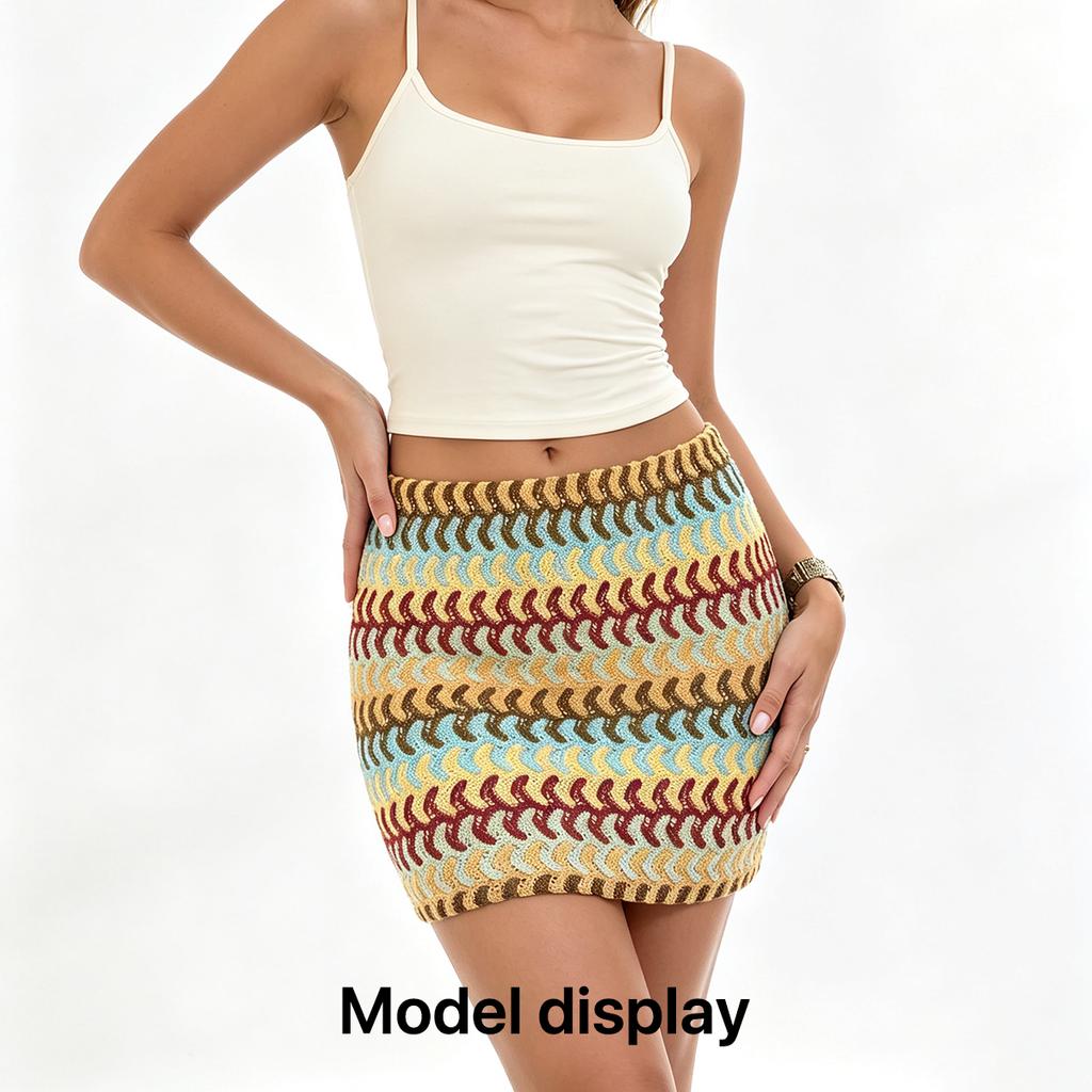 Women Crochet Striped Mini Skirt, Colorful Boho Knit Bodycon Skirt with Drawstring High Waist Summer Beach Short Pencil Skirt