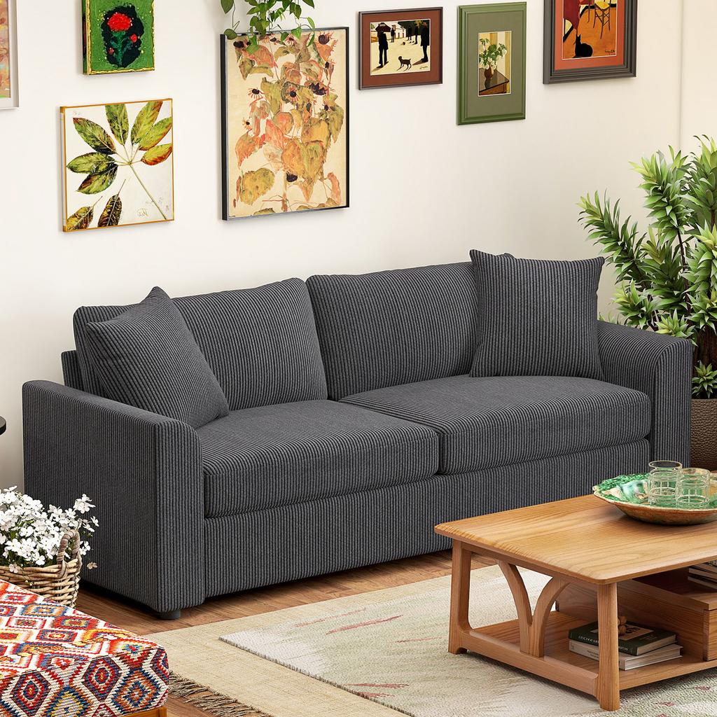 3-Seater Sofa with Decorative Cushions, Corduroy Sofa for Living Room, Bedroom, 212 Cm Wide, Dark Gray