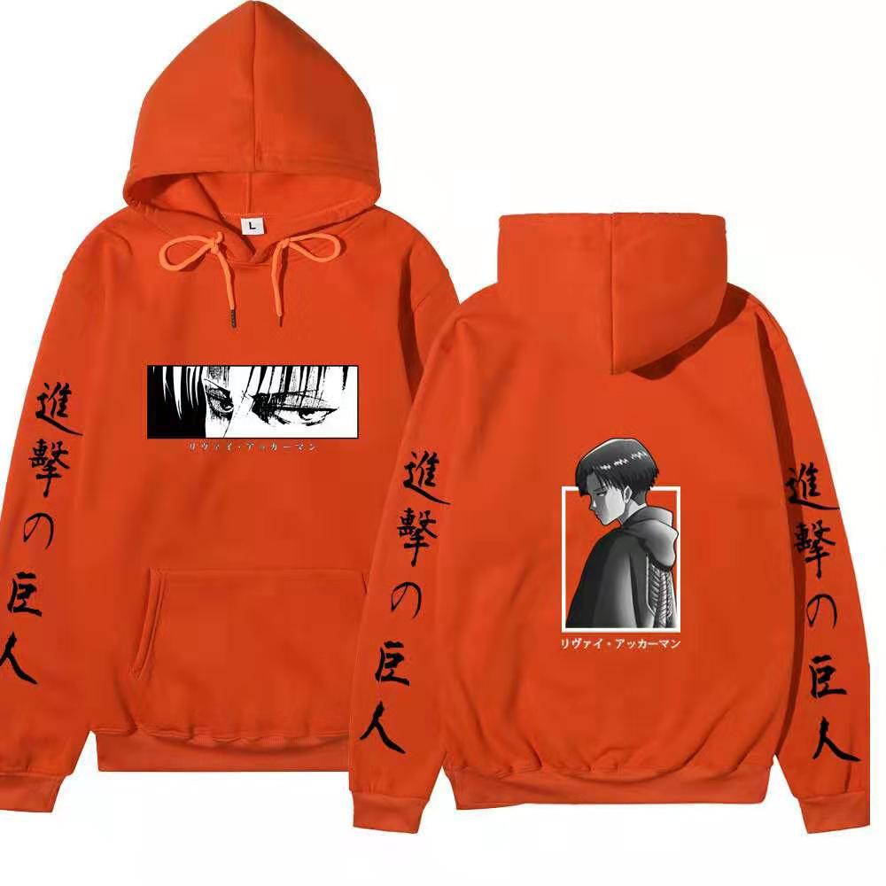 Attack On Titan Levi Ackerman Hoodie Unisex Fleece Sweatshirt Front Manga Eyes Print, Back Levi Portrait, Japanese Sleeve Text Autumn Winter Pullover