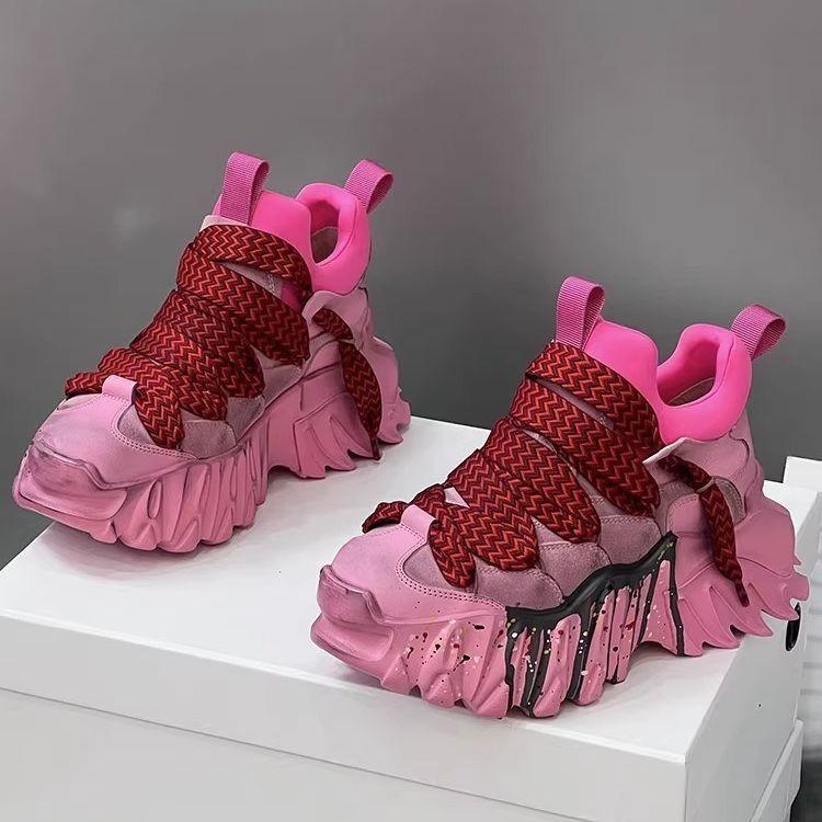 

Европа, осень 2024, высокие туфли, женские винтажные тканые туфли для девочек на платформе для папы 40 розовый