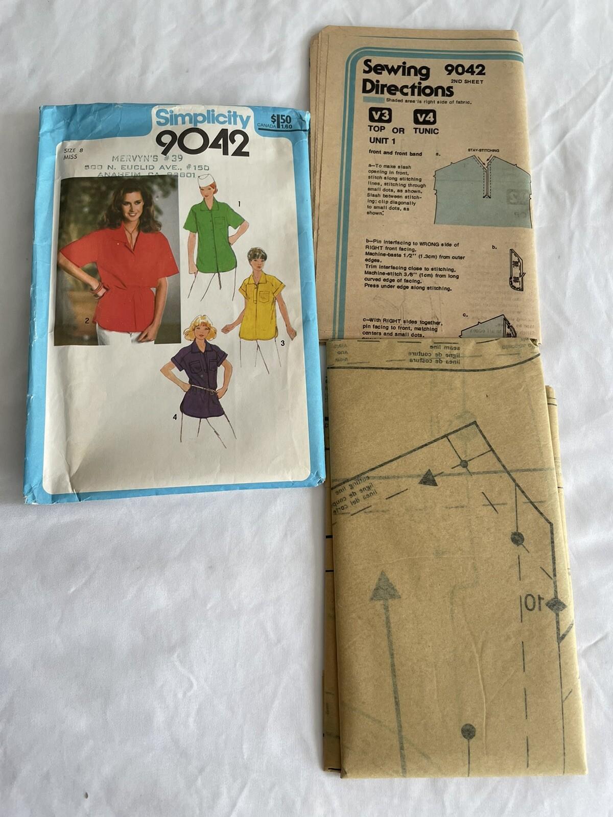 1979 SIMPLICITY #9042 - LADIES ( 4 STYLE ) SHIRT - TOP - TUNIC PATTERN Size 8 XL