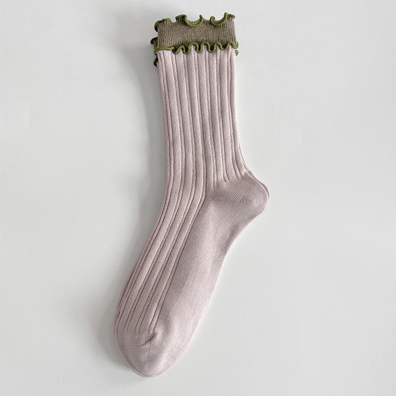 

Женские весенне-осенние носки из хлопка с двойным кружевом и цветовой блокировкой 1 pair розовый