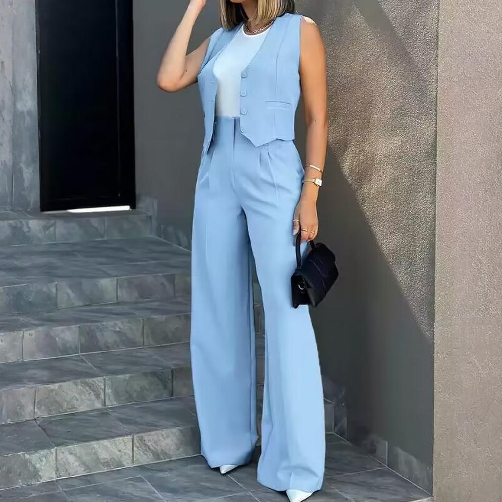 Women's Fashion Suit Vest and Wide Leg Pants Set Sleeveless Blazer Style Vest with High Waist Wide Leg Trousers Casual Two Piece Outfit