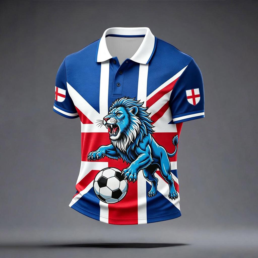 Men's Classic Polo Shirt Football Jersey England Style Short Sleeve Button Collar Lightweight Breathable Fabric Sportswear