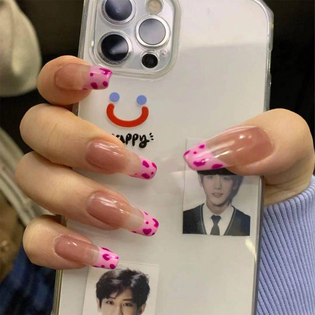 

Rose red cow pattern long ballet fake nail manicure patch nail patch fake nail removable nail piece