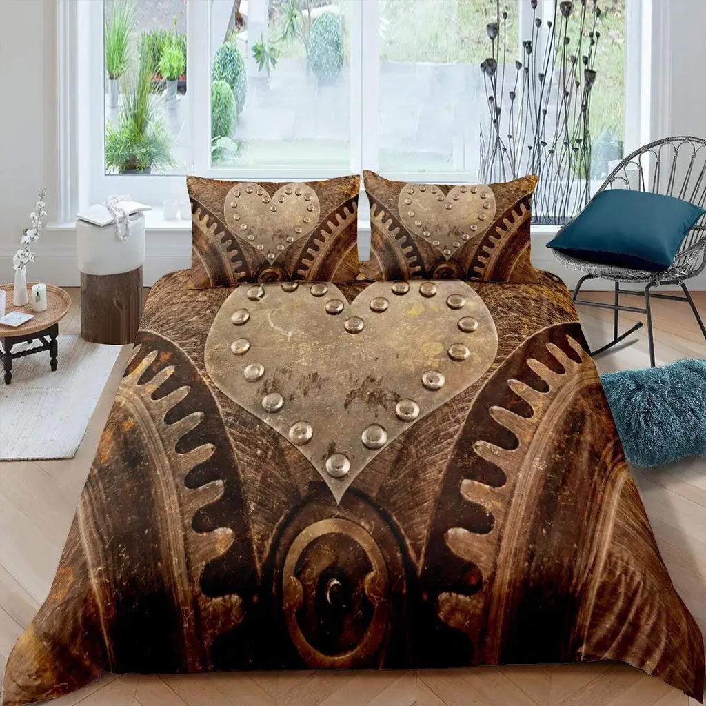 Ndustrial Gear Duvet Cover Set Queen Size Steampunk Style Locks Comforter Cover Boys Men Mechanical Device Polyester Bedding Set