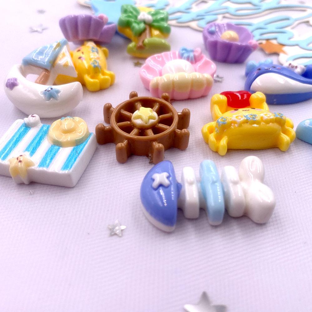 10pcs Colorful Resin Cartoon Ocean Series Figurine Crab Dolphin Pearl Shell Sailboat Flatback Scrapbook Decor DIY Jewelry Crafts