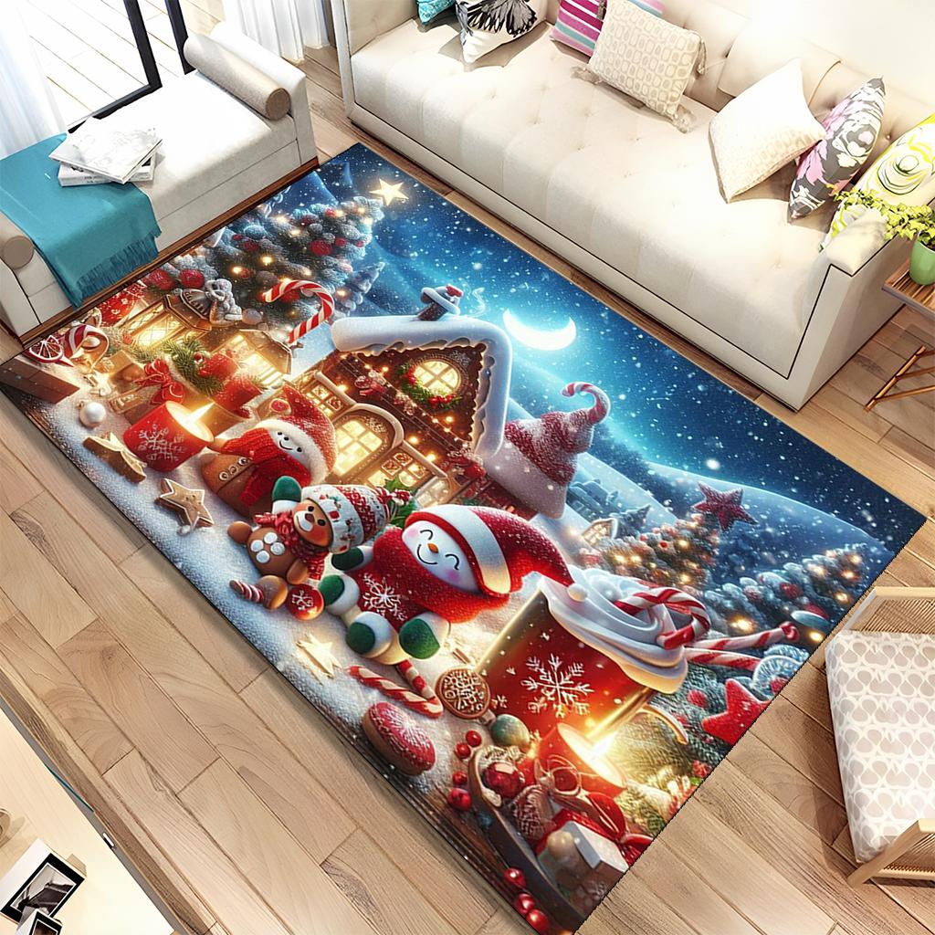 Cute Santa Claus Cartoon Merry Christmas Tree Festival Gift Carpet Rug for Living Room Bedroom Home Sofa Decoration,Non-slip