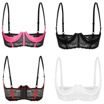 Plus Size Bras Women's Sexy Patent Leather 1/3 Cup Underwired Bra Adjustable Straps Lace Brassiere Lingerie