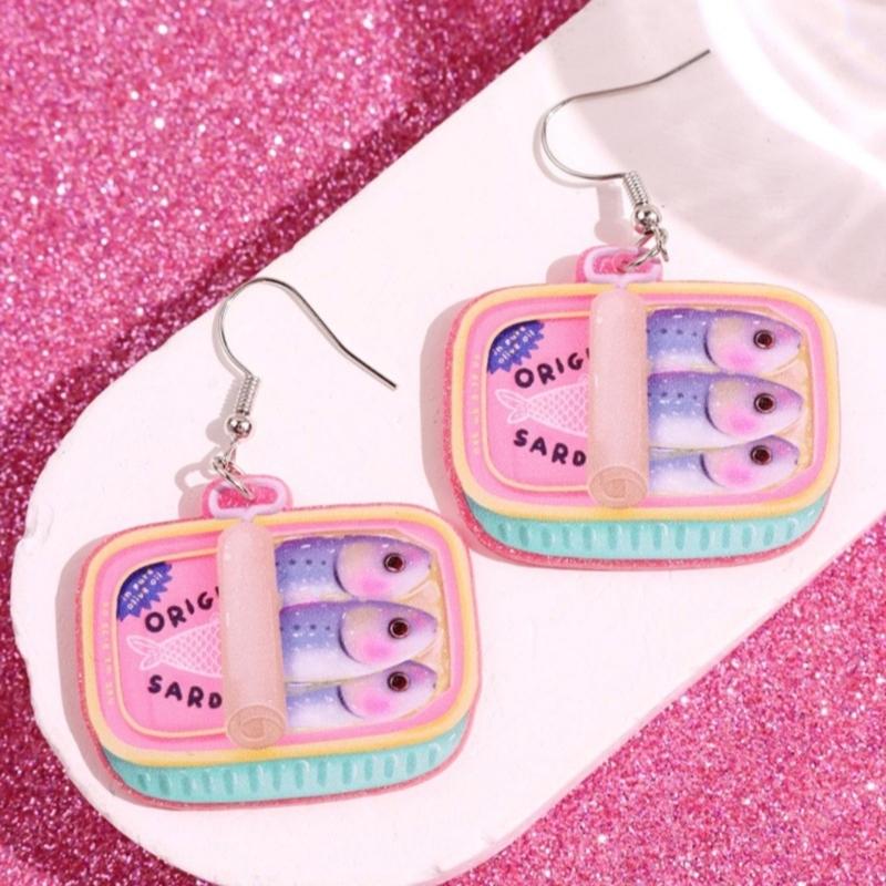Playful Sardine Tin Inspired Earrings Lightweight Alloy Designs Accessories Colorful Fashion Jewelry For Casual Outfits