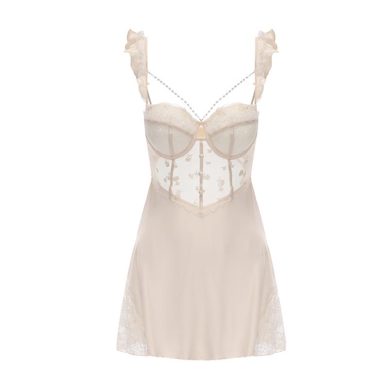 Guiruo Plus Size Deep V Underwire Mesh Camisole Nightgown Set