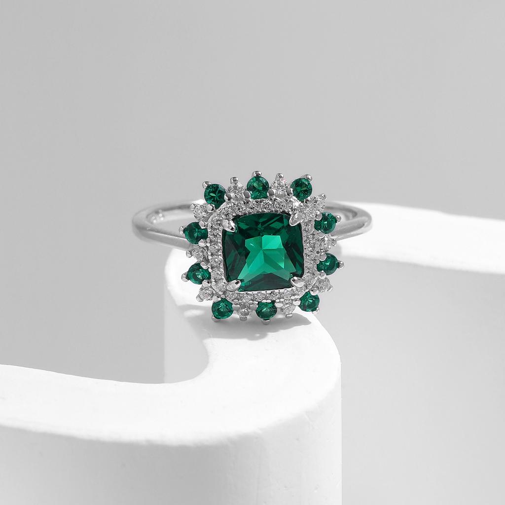 MODIAN Anéis de Dedo Quadrados Retro Elegantes em Prata 925 Genuína com Zircônia Verde Corolla para Mulheres Joias Finas de Coquetel para Festa