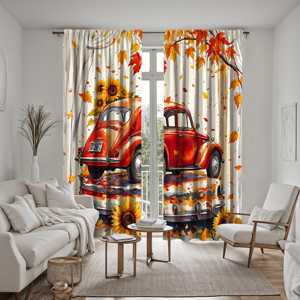 2pcs HD Autumn Maple pickup truck decorative curtain Yellow tie digital printed curtain Home decoration style Decoration livi