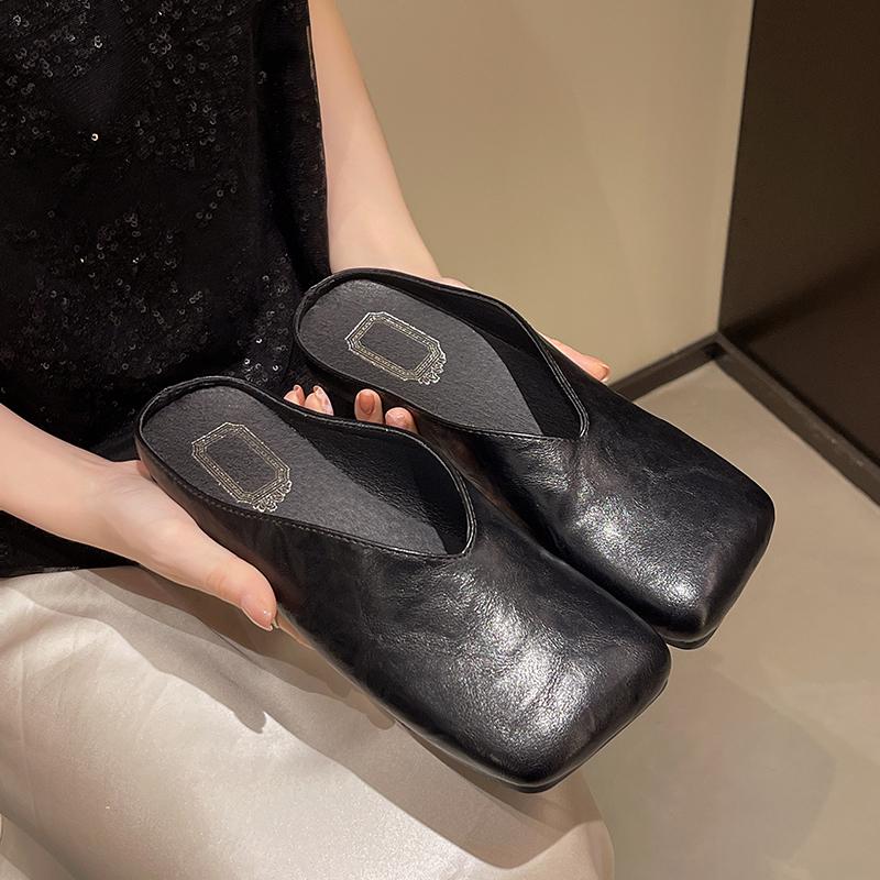 Shoes Slippers Flat Big Size Loafers Square Toe Slides Mules For Women 2025 Cover Retro Flat Shoes Female Big Size Ladies' Slipp