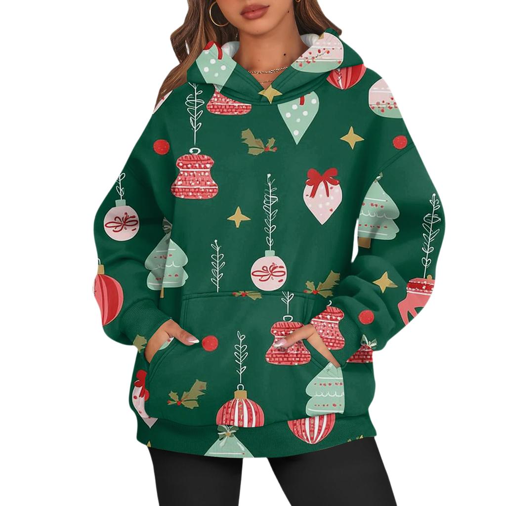 Women's Fashion Long Sleeve Hooded Christmas Printed Top Sweatshirt