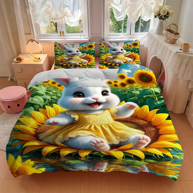 3pcs Anime Bunny Sunflower Bedding Set - Includes One Quilt Cover and Two Pillowcases (No Core) - Polyester Fabric, Perfect for Bedroom and