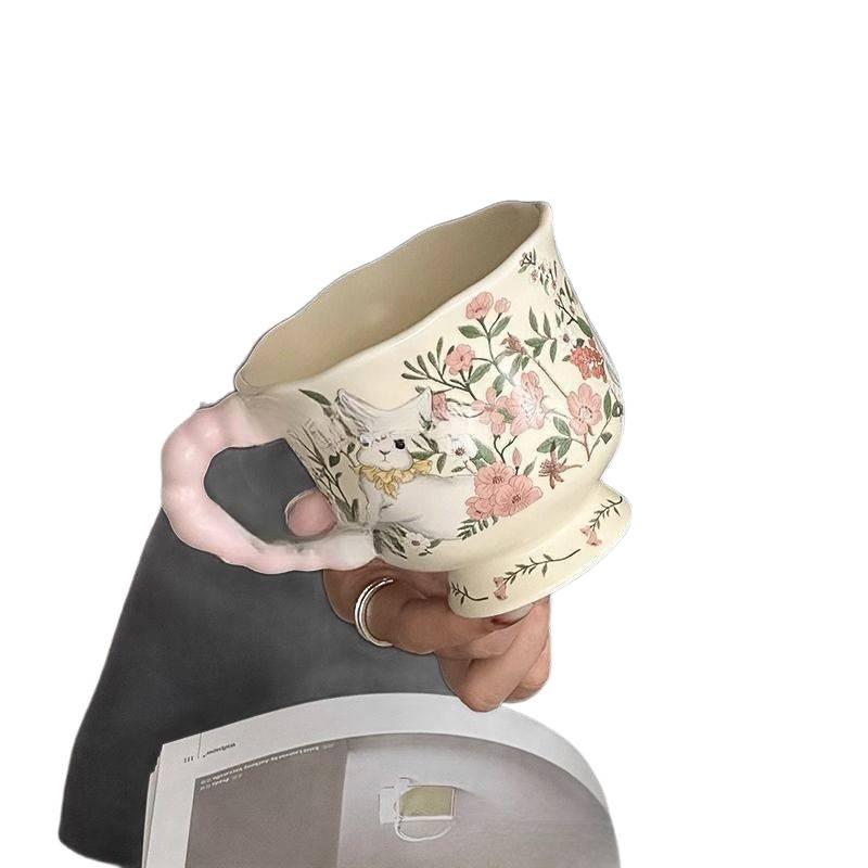 Large Ceramic Mug with Cute Rabbit and Flowers Design, Lid, and Spoon