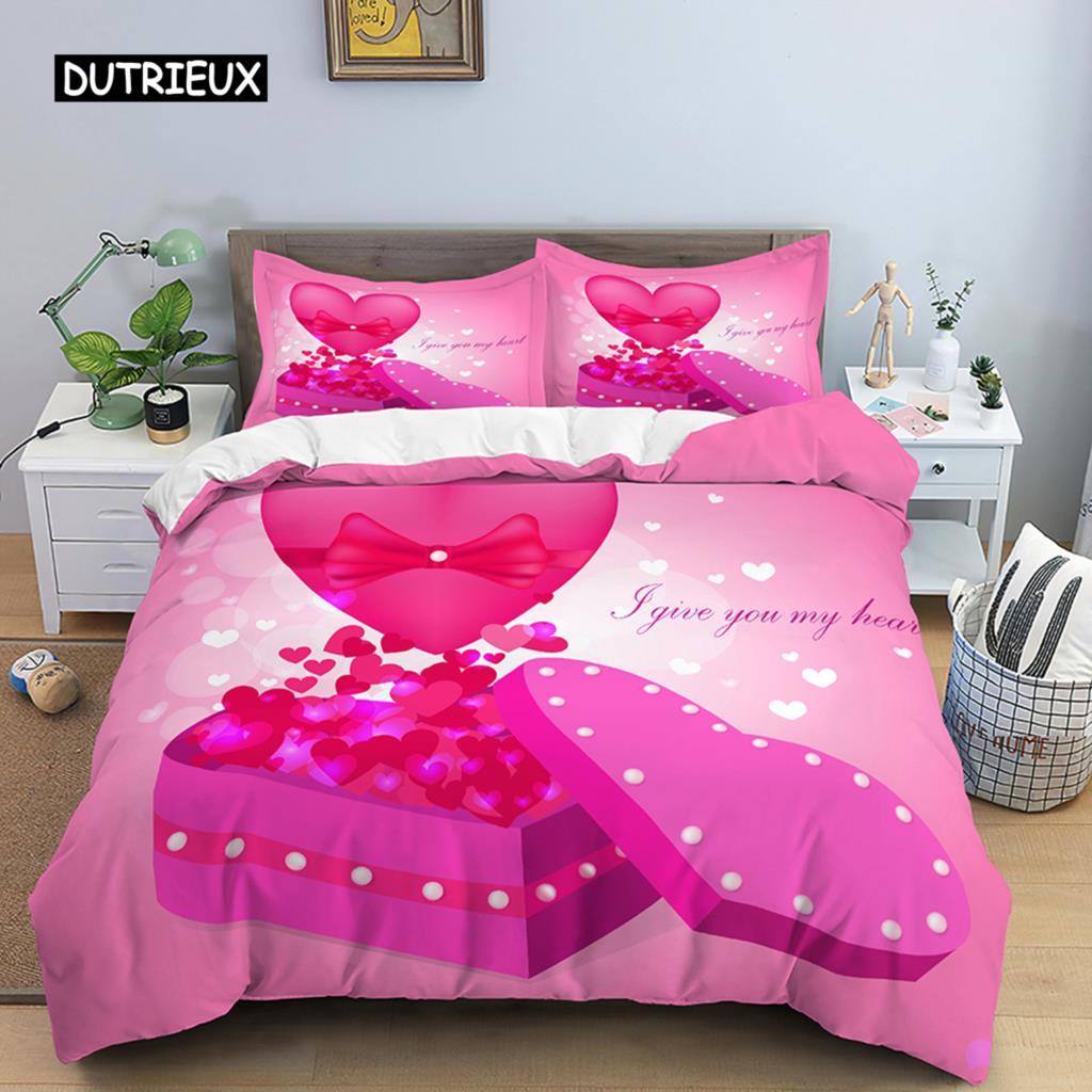 Love Heart Duvet Cover Set Pillowcase Couples Quilt Cover King Size Valentine Gifts Happy Valentines Day Polyester Bedding Set