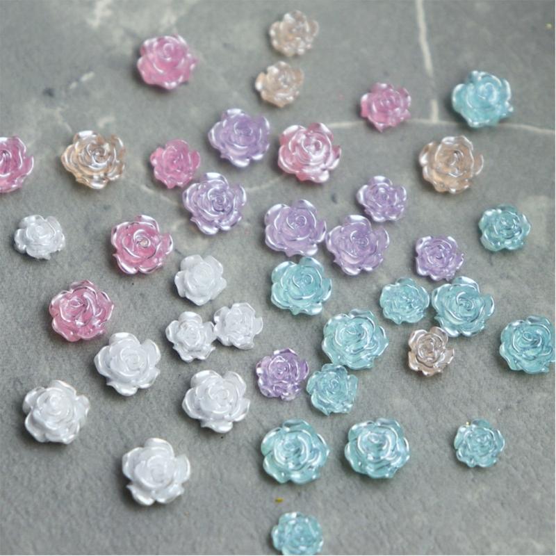 50Pcs Rose Flower Nail Art Decorations with Mini Pearls Resin Flower Nail Art Charms for DIY Acrylic Nails Bride Nail