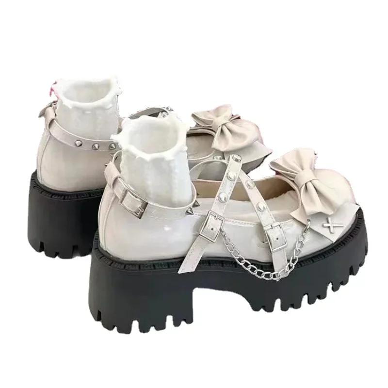 Fashion Women's Lolita Mary Janes Shoes 2025 Ankle-Wrap High Heels Platform Pumps Bow-Tie Rivet Chain Square Heel Buckle Strap Shoes