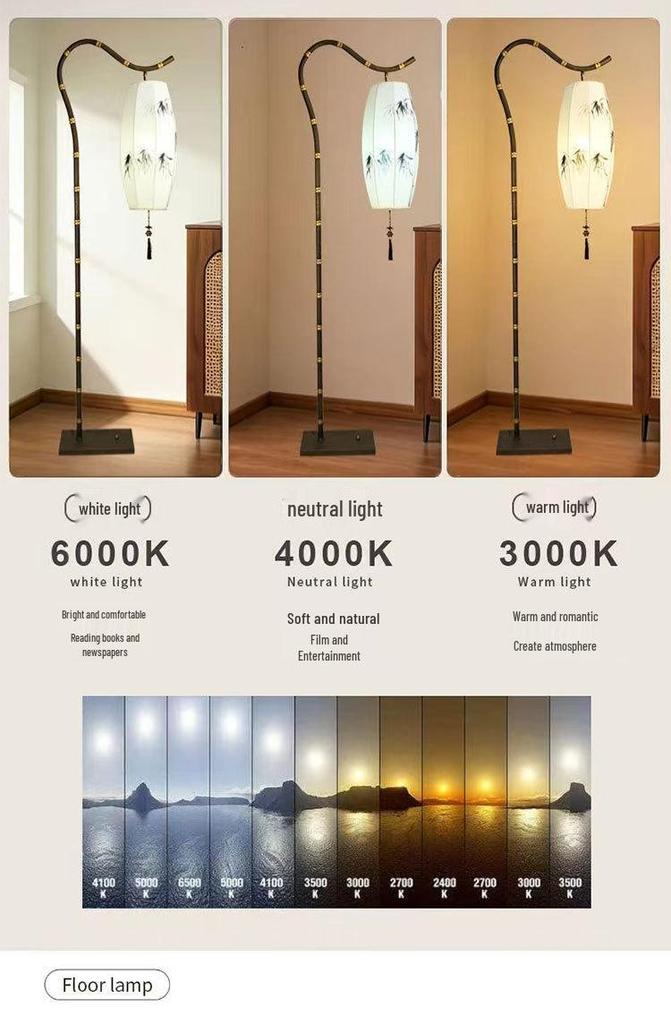 Retro Zen Bamboo Hand-Painted Floor Lamp for Living Room, Study, or Bedroom - Iron Art, New Chinese Antique Style