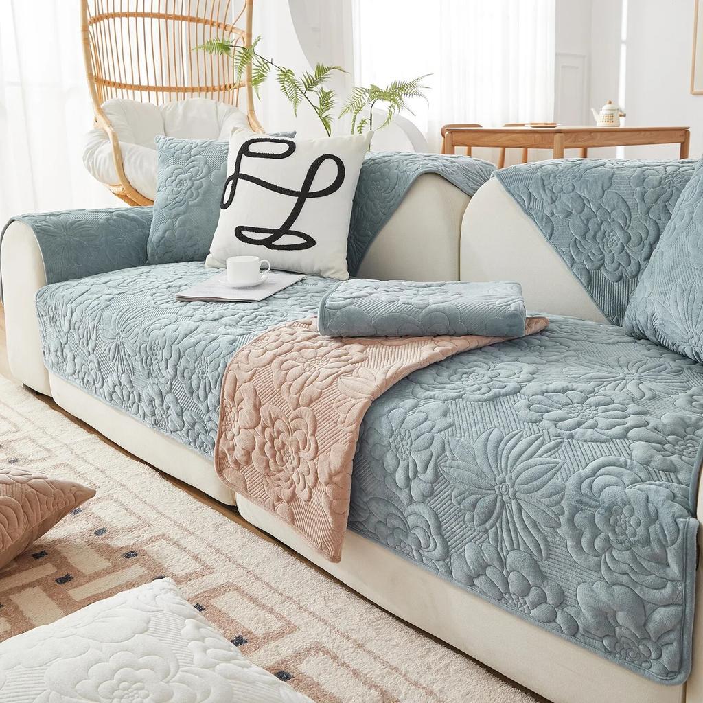 New Pattern Plush Sofa Cushion Winter Solid Color Plush Seat Cushion Pastoral Style Anti Slip Sofa Towel Backrest Towel Sand