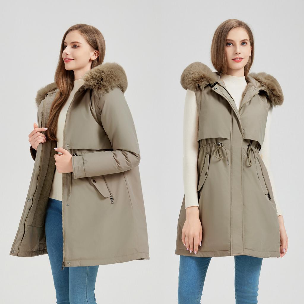 Women's new fur collar hooded removable sleeves two wear thickened padded fluffy warm loose high quality fabric casual sports cotton jacket