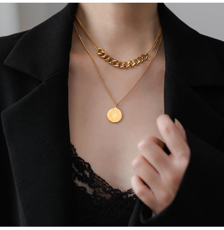 Women's Elegant Double-Layer Coin Chain Necklace, European American Retro Style, 18K Gold-Plated Titanium Steel Clavicle Jewelry