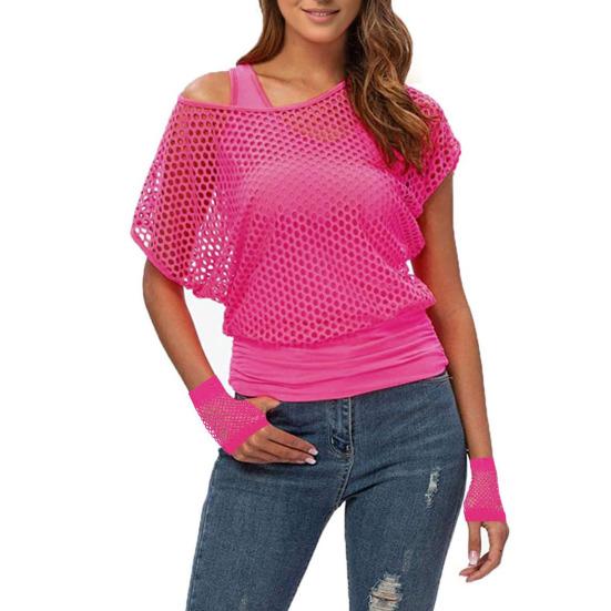 2Pcs/Set Women Mesh Top Vest Set Bright Color O-Neck Short Sleeve Mesh Cropped Tops Racerback Pullover Vest Set