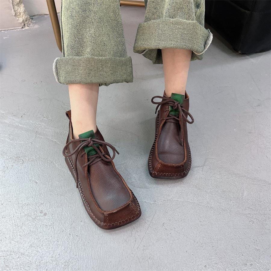 Johnature Kvadratiniai trumpi batai Natūralios odos suvarstomi retro universalūs moteriški plokščiapadžiai batai minkštu padu