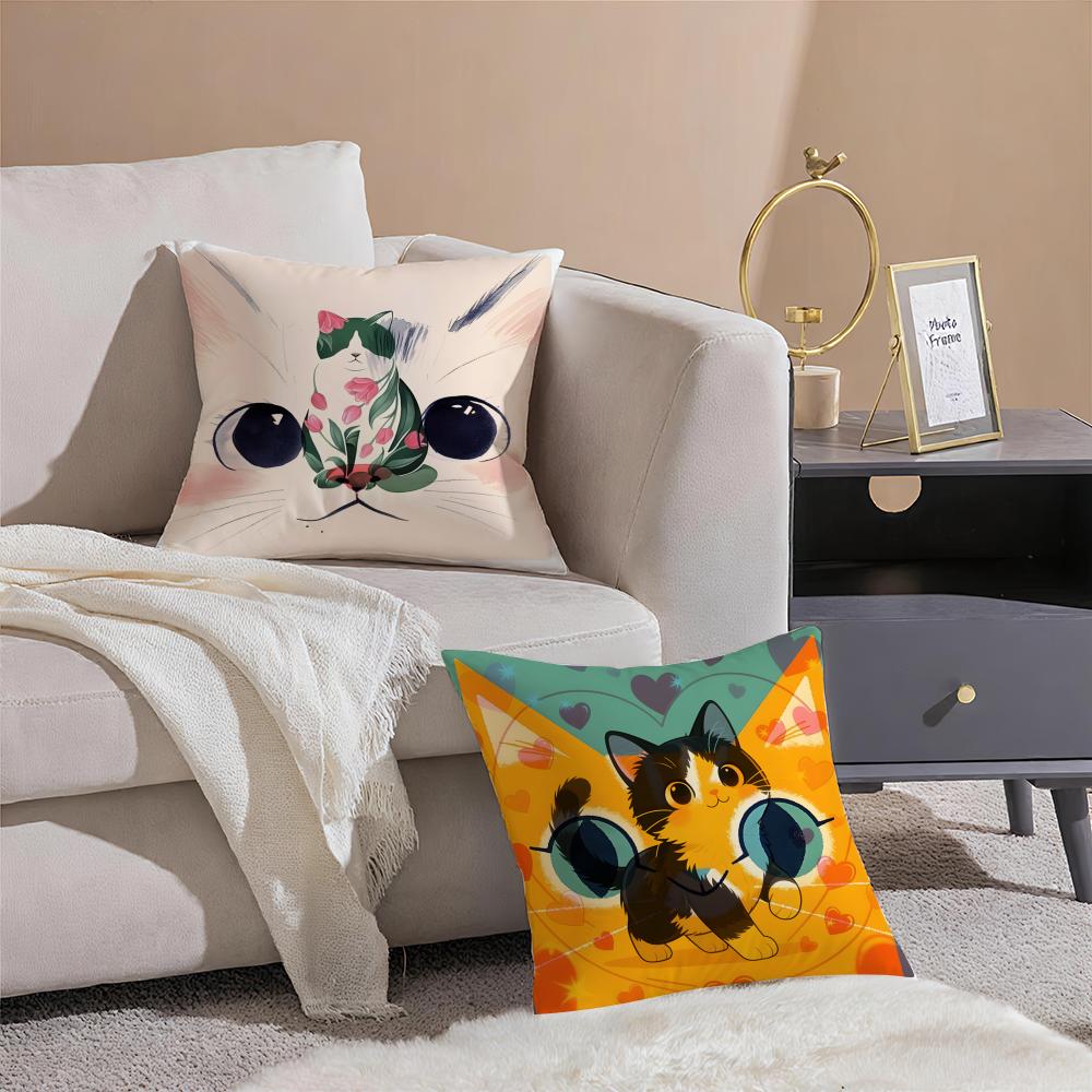Cute Pink Cat Pattern Pillow Case Double-Sided Plush Sofa Cushion Covers Organic Breathable Invisible Zipper