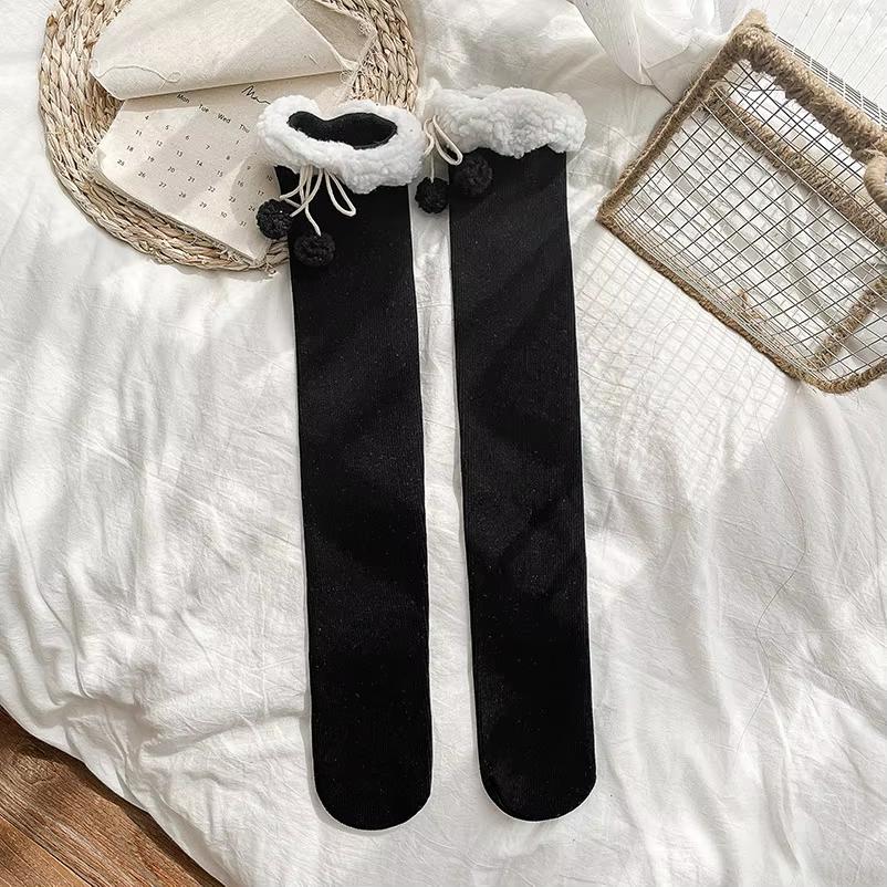 Winter Women Stockings Warm Wool Cashmere Thigh High Sock Korean Lolita Sweet Girl Cute Pompom Over Knee Long Socks