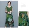 Summer Green Vintage Floral Print Dresses Women O-Neck Short Sleeve Silk Dress Size Plus S-5XL