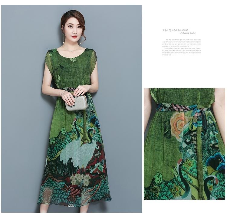 Summer Green Vintage Floral Print Dresses Women O-Neck Short Sleeve Silk Dress Size Plus S-5XL