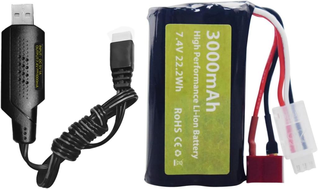 7.4V 3000mAh 15C 2S Li-ion baterie s T konektorem a USB nabíjecím kabelem – pro WLtoys 12423 MJX 14301 14302 14303 H16PL Vysokorychlostní RC auto 1/10 1/12 1/16