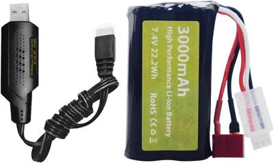7.4V 3000mAh 15C 2S Li-ion Battery with T Plug and USB Charging Cable – for WLtoys 12423 MJX 14301 14302 14303 H16PL High-Speed RC Car 1/10 1/12 1/16