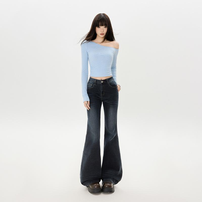 Nostalgic blue retro micro-pull jeans women's autumn new Spice Girl slim-fitting and thin scratch flared pants