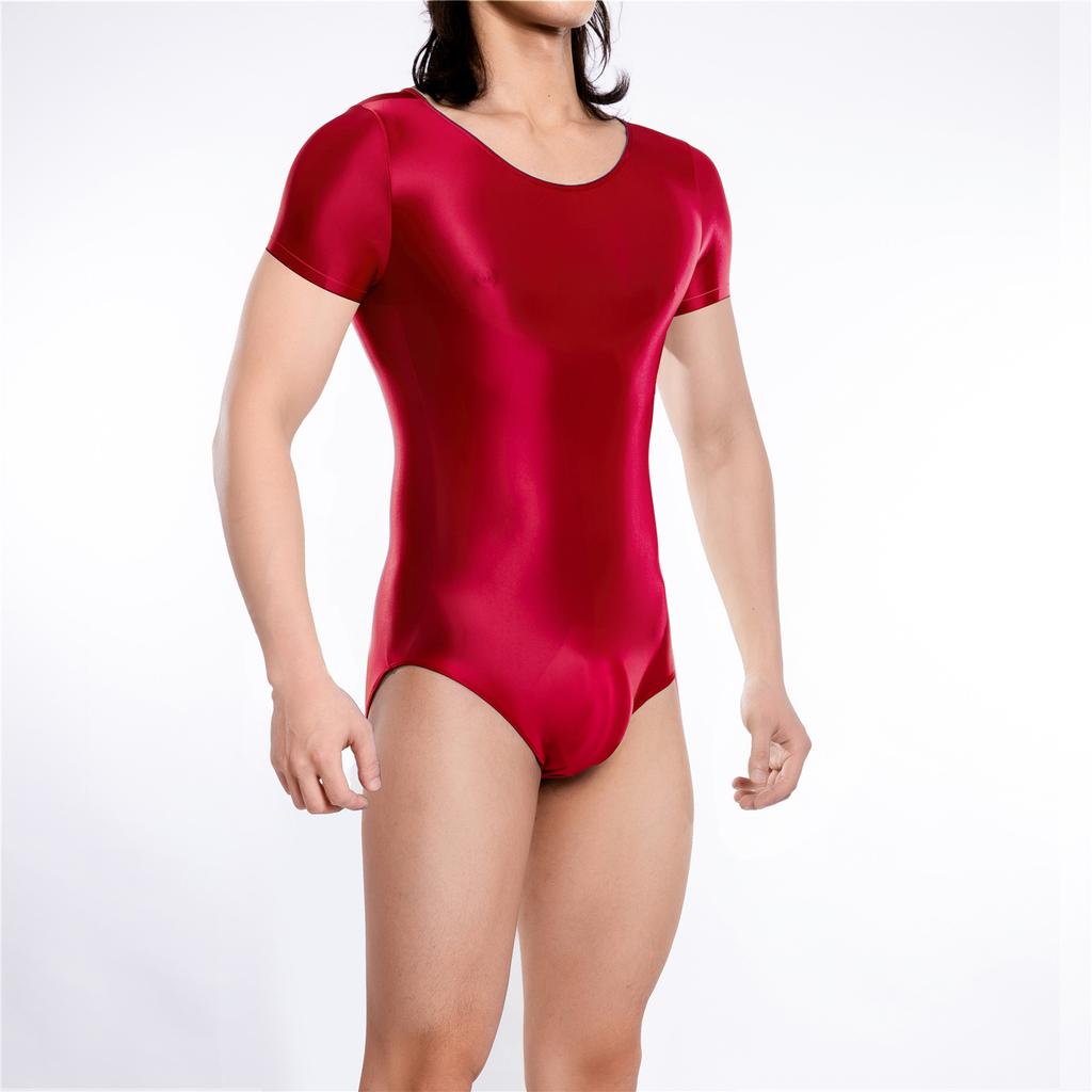 Sexy Men Sheer See Through High Cut Bodysuit Oil Glossy Shiny Maid Tights Stain Yoga Elastic Shaping Leotard Dance Wear