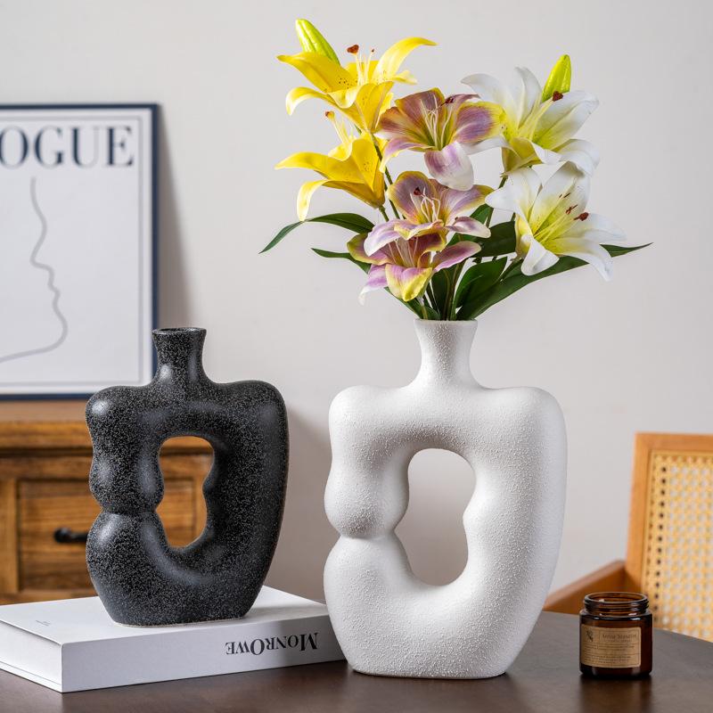 Ceramic Vase Geometric Gourd Shape Flower Vase Black and White Coarse Pottery Flower Arrangement Accessories Home Decoration