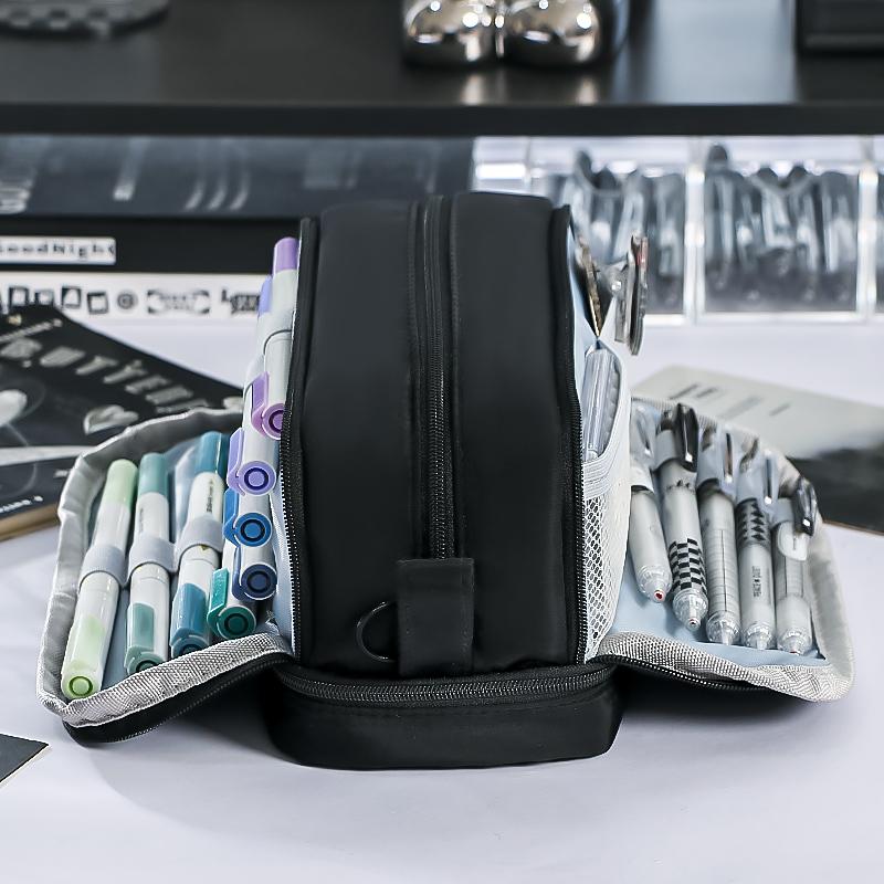 1pcs Dual-side Open Pen Bag Pencil Case 4 Compartments With Zipper & Portable Handle Storage Pouch for Stationery