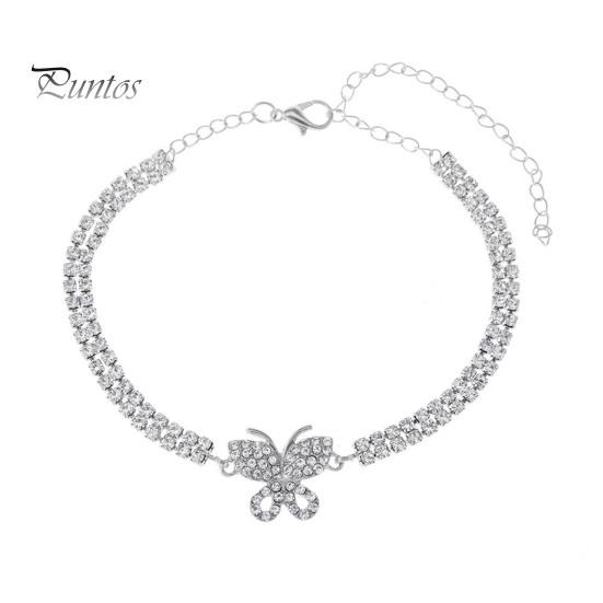 

Женский браслет на щиколотку, двухслойный, блестящий, со стразами, регулируемая длина, украшение на щиколотку в виде бабочки, ювелирное изделие для вечеринки, пляжа, повседневной носки, цепочка на щиколотку, юбилей, день рождения серебряный