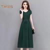 Summer Lady Dress Round Neck A-line Short Sleeves Slim Waist Plus Size Pure Color Slim Fit Mid-calf Length OL Commute Midi Dress