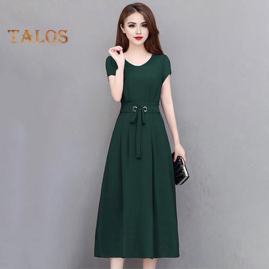 Summer Lady Dress Round Neck A-line Short Sleeves Slim Waist Plus Size Pure Color Slim Fit Mid-calf Length OL Commute Midi Dress