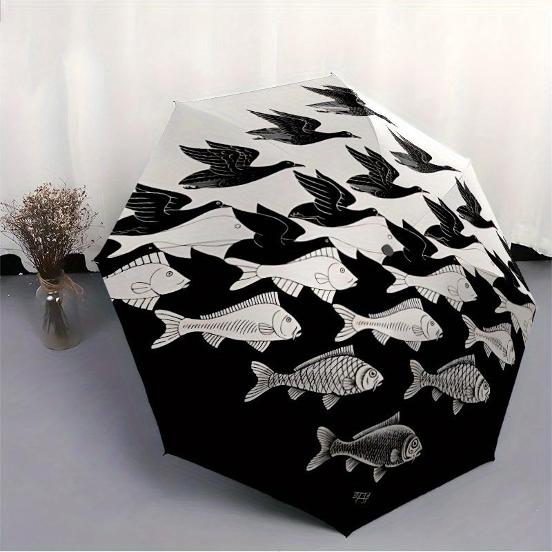1 Stück Vögel Fische Automatisches Öffnen/Schließen Faltbarer Kompakter Regenschirm, 8-Speichen Stabiles Dach, Leicht Tragbar, Tägliche Nutzung, Geschenk, Outdoor-Regenschirm, Reise