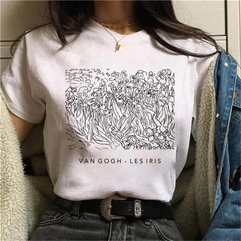 Harajuku Fun Black and White Painting Van Gogh Print Short Sleeve T-Shirt Round Neck Casual Women's Shirt Graphic T Shirts Y2K