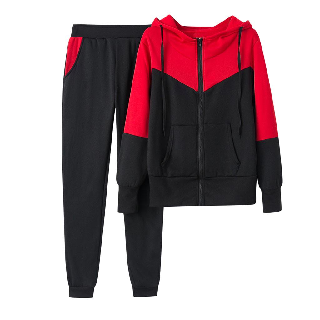 Women Solid Color Hooded Sweatshirt and Pant Tracksuit Sport Suit